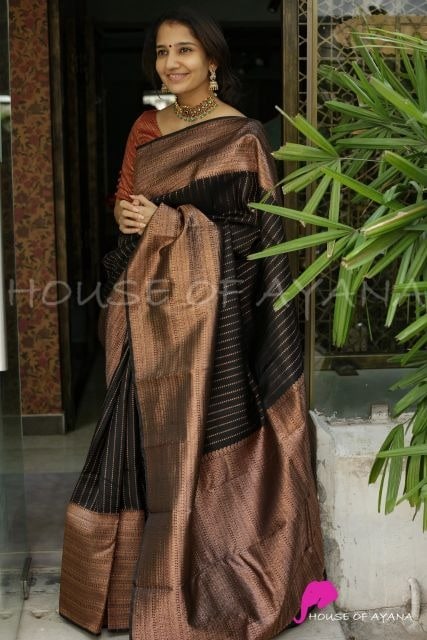 Ddf Black Copper Organic Lichi Silk Banarasi Saree Cataog